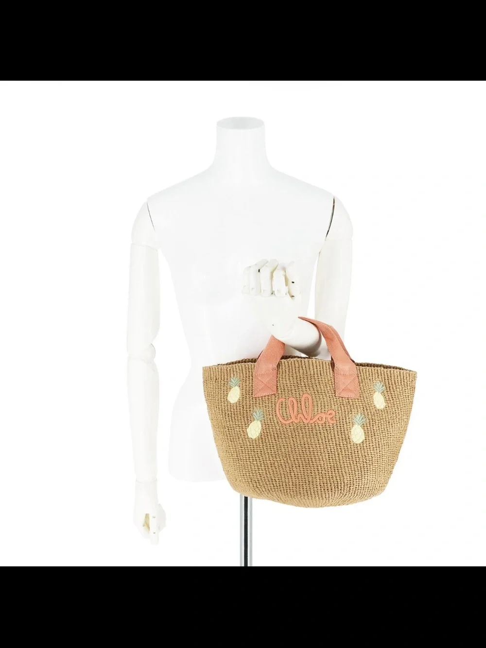 Chloe Woven Straw Tote with Pink Handles and Pineapple Motif